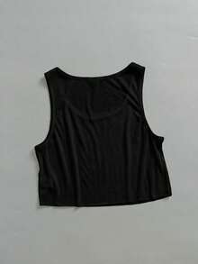 SHEIN EZwear 大尺碼女款休閒黑色布料深U領寬鬆短版背心，適合音樂節、派對 - 黑色 - 查看 4