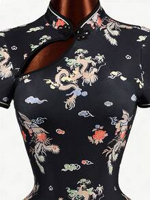 Mistrie 女士优雅云朵花卉与中国龙印花开衩袖中长连衣裙 - 白色 - 查看 3