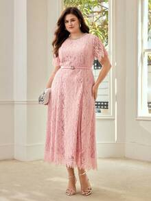 MOTF PREMIUM VESTIDO DE ENCAJE ELEGANTE PARA MUJER CON CINTURÓN DE CINTURA ADORNADO CON DIAMANTE DE IMITACIÓN Y MANGAS CORTAS, ROSA - Rosa - Ver 4