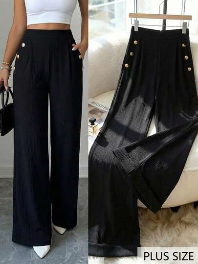 Pantalones anchos de talle alto para mujer con botones laterales decorativos, pliegues frontales y textura ligera