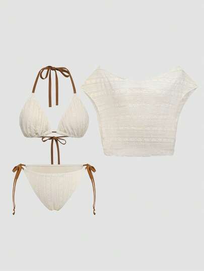 SHEIN Nuevo conjunto de traje de baño de mujer talla grande blanco, cómodo, texturizado, de corte ceñido, dulce y lindo para el verano y la playa