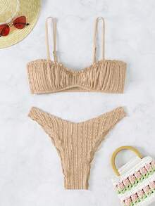 SHEIN X SAMADHI Oceva Ladies' Solid Summer Beach Textured Frill Trim Bikini Swimwear Set - Khaki - View 10