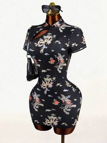 Mistrie 女士优雅云朵花卉与中国龙印花开衩袖中长连衣裙 - 白色 - 查看 7