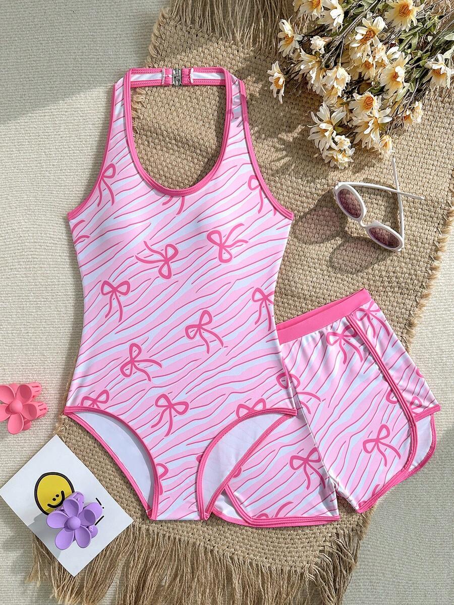 SHEIN 两件套女童蝴蝶结印花挂脖泳衣套装，含独立短裤，儿童度假风泳装，适合青少年女孩，夏季海滩度假 - 彩色 - 查看 1
