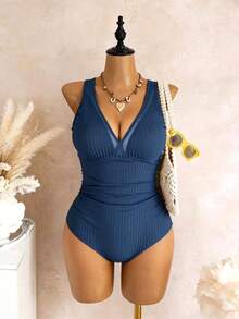 Swim Vcay Traje de baño de una pieza de unicolor con escote en V profundo, casual y para vacaciones en la playa, talla grande para mujer - Azul - Ver 6