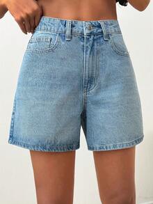 Quần short denim cạp cao, dài đến đầu gối, màu xanh nhạt, kiểu dáng thập niên 90, chất liệu denim cao cấp, cài nút. - Rửa nhẹ - Xem 3