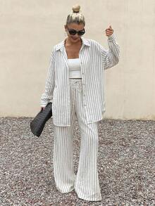 DAZY Autumn/Winter New Loose Casual Striped Women 2 Pieces Set - Blue - View 3