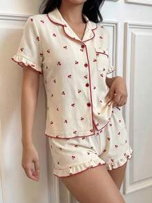 Teen Girls 2 Pieces Pajama Set, Elegant Cherry Print With Ruffle Trim, Comfortable Short Sleeve Top And Shorts - Apricot - View 5