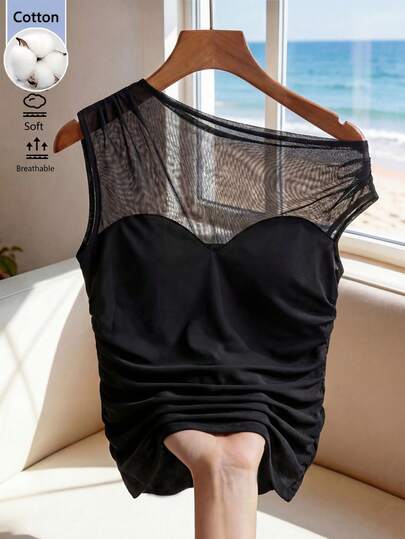 Rafferiza Áo croptop lệch vai gợi cảm phối lưới xuyên thấu dành cho nữ