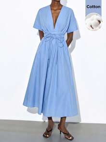MAIJA elegantes plissiertes Chiffon-Maxikleid mit quadratischem Ausschnitt und ärmellos - Blau - Übersicht 6