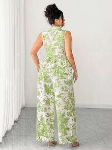 SHEIN Elenzya Bộ đồ nữ cỡ lớn 2 món, áo sơ mi cổ bẻ + quần dài thường ngày, trang phục thường ngày. - màu xanh lá - Xem 2