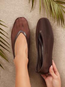 SHUZIA 畅销款女士性感透气网眼平底鞋 - 杏仁鞋头芭蕾平底鞋，配有舒适鞋垫 - 咖啡棕 - 查看 7