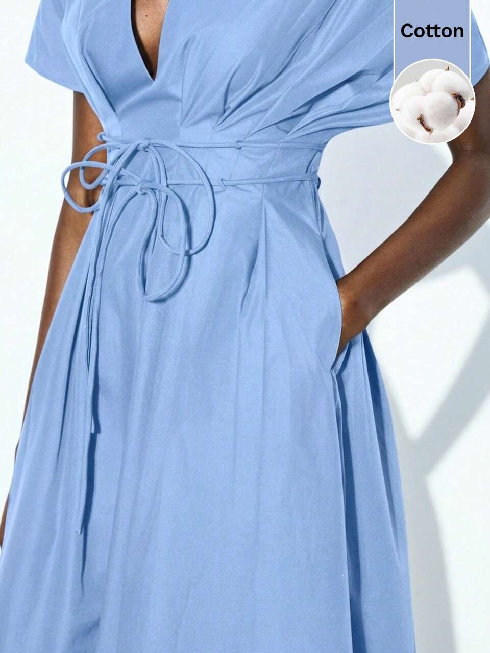 SHEIN Maija Women Plain Blue A Line Long Dress With Deep V Neck And Cloak Sleeves Flared Hem Casual Woven Fabric Wrap Going Out Outfits Summer Outfits