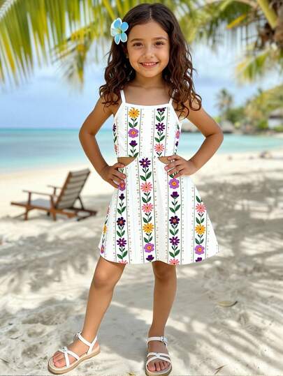 Vestido corto de verano y primavera para niña joven, de estilo casual y fashionable, con estampado floral colorido y fresco, de tejido suelto y cómodo para uso diario