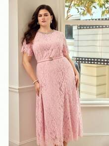 MOTF PREMIUM VESTIDO DE ENCAJE ELEGANTE PARA MUJER CON CINTURÓN DE CINTURA ADORNADO CON DIAMANTE DE IMITACIÓN Y MANGAS CORTAS, ROSA - Rosa - Ver 7
