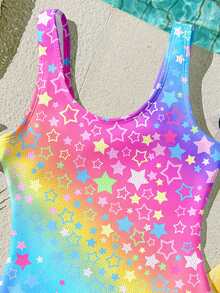 彩色渐变多巴胺星形印花连体泳衣，休闲简约设计，适合海滩度假、青少年女孩，夏季穿着。 - 彩色 - 查看 5