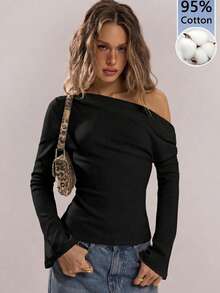 SHEIN BAE Áo dài tay loe lệch vai, chất liệu 95% cotton, màu đen. - màu đen - Xem 1