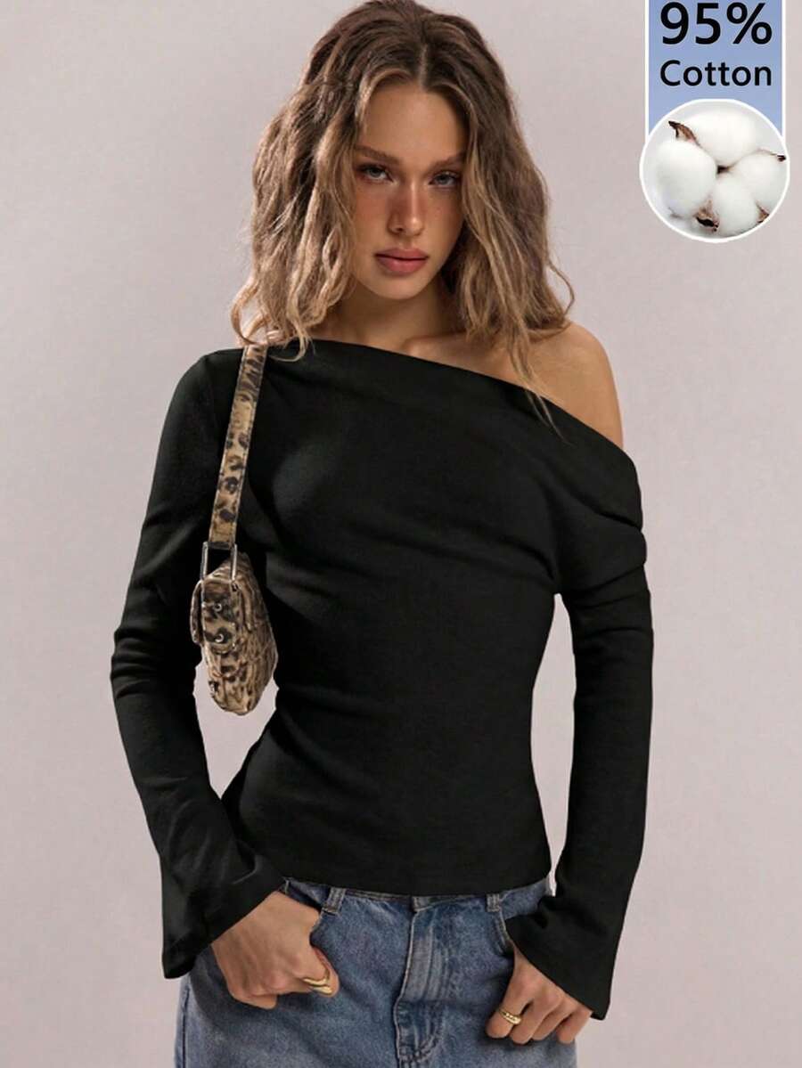 SHEIN BAE Áo dài tay loe lệch vai, chất liệu 95% cotton, màu đen. - màu đen - Xem 1