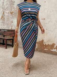 EMERY ROSE Plus Size Striped Color Block Vacation Casual Dress With Cinched Waist Belt Maxi Women Outfit - Lime Green - View 3