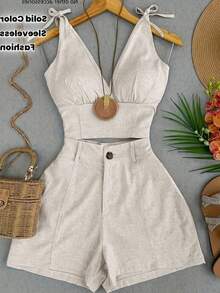 Trelyra Bộ đồ thường ngày dành cho nữ: áo hai dây xếp ly thắt nút vai màu trơn và quần short. - Màu Khaki - Xem 1