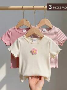 Playful Pals 3pcs/Set Baby Girls(6 Months-3 Years)Cute Summer Pink And White Striped Short Sleeve T-Shirts,Textured 3D Floral Ruffle Graduation Birthday Party Tops - Multicolor - View 4