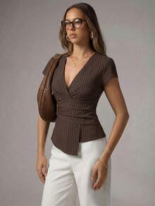 Avenya 女士条纹V领长袖褶皱不对称下摆衬衫 - 彩色 - 查看 3