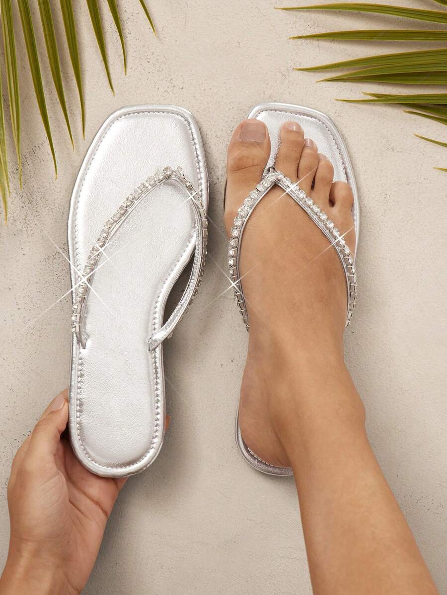 SHUZIA Sandal đế bằng quai ngang đính đá lấp lánh, kiểu dáng tối giản, thanh lịch dành cho nữ. - Bạc - Xem 1