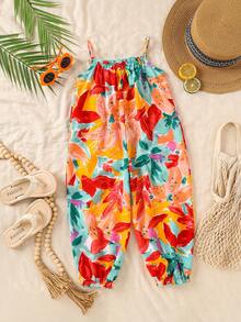 SHEIN Combinaison camisole à fleurs marguerite décontractée pour jeune fille en vacances - Rouge - Voir 4