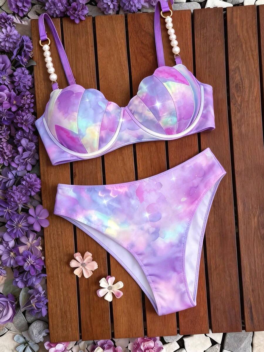 Swim Mod Plus Size Women Two Pieces Swimsuit Set With Printed Tankini Top And Solid Bottoms, Adjustable Straps, Underwire Bra For Summer Beach Vacation - Violet Purple - View 1