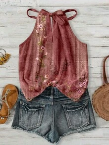 Rusticease Casual Minimalist Retro Floral Pattern Women's Halter Neck Tank Top, Suitable For Spring And Summer - Multicolor - View 2