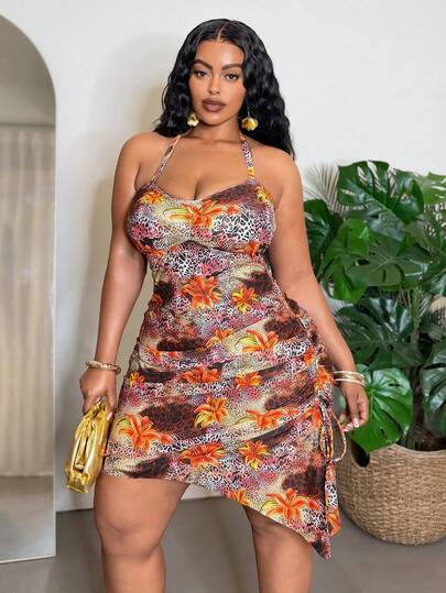 Slaydiva Bộ đồ bơi nữ cỡ lớn in họa tiết da báo bất đối xứng mới, áo tắm 2 mảnh xếp ly tôn dáng cho kỳ nghỉ.