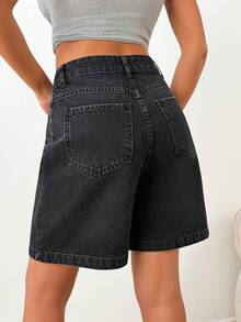 SHEIN DORA SHORT - 高腰黑色水洗牛仔休闲街头风牛仔短裤，纽扣闭合 - 黑色 - 查看 2
