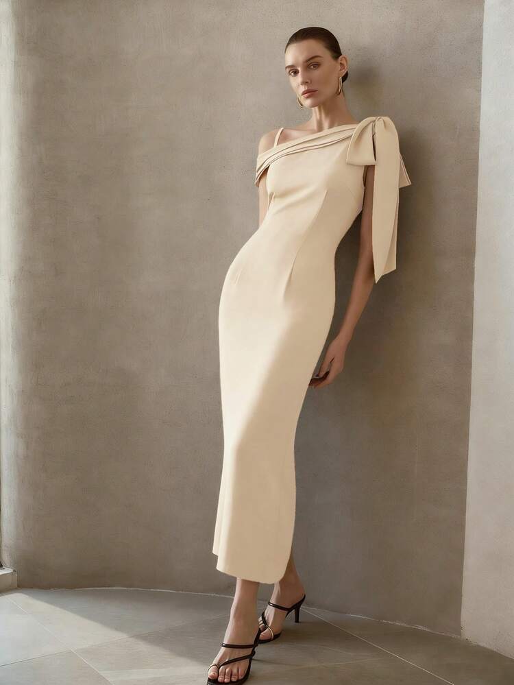 ELEGANT BOW ASYMMETRICAL SHOULDER SLIM FIT LONG DRESS