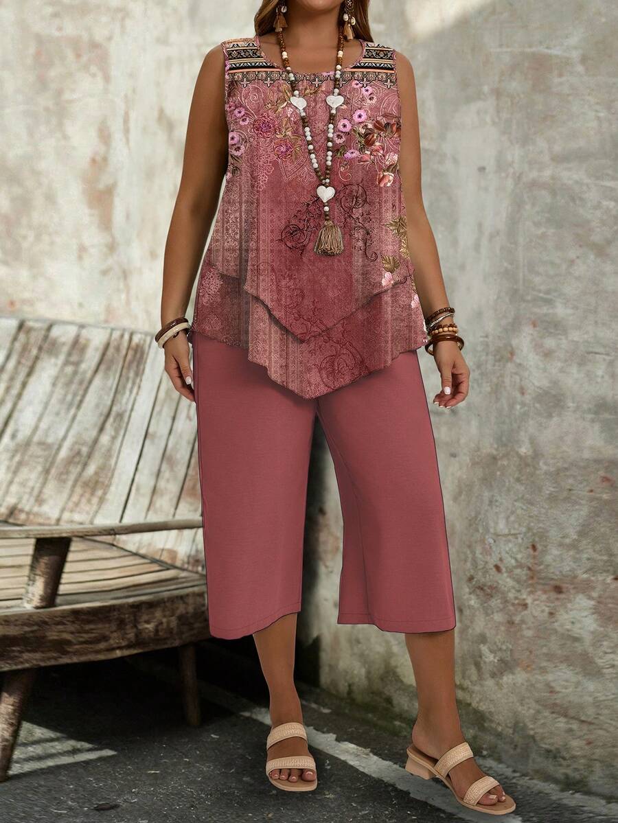 EMERY ROSE Plus Size Women 2pcs Set Summer Casual Vintage Floral Pattern - Multicolor - View 1