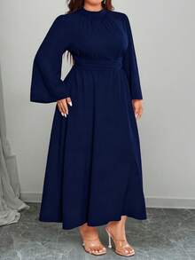 SHEIN CURVE+ 大码女式纯色褶皱系带长袖连衣裙，百搭优雅 - 藏蓝色 - 查看 3