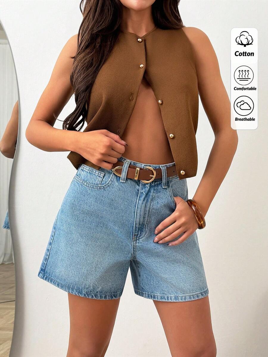 Quần short denim cạp cao, dài đến đầu gối, màu xanh nhạt, kiểu dáng thập niên 90, chất liệu denim cao cấp, cài nút. - Rửa nhẹ - Xem 1