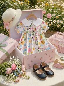 Souflis Souflis Baby Mädchen Peter Pan Kragen Fliege Puffärmel Blume Muster Baby Mädchen Kleid, Sommer Mode Urlaub Tropische Blumen Mädchen Süß Lässig Prinzessin Kleid Quetschig Sommer Outfits Kleider für Frühling Kleider für Mädchen Blumenkleid für Mädchen Quetschig Sommer Outfits Baby Kleidung für Mädchen Vintage Kleid für Baby Mädchen Ostern Kleider für Baby - Verschiedenfarbig - Übersicht 5