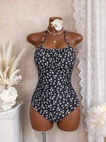Swim Vcay Plus Size Floral Printed Pleated One-Piece Swimsuit For Vacation,Summer Beach - Black and White - View 7