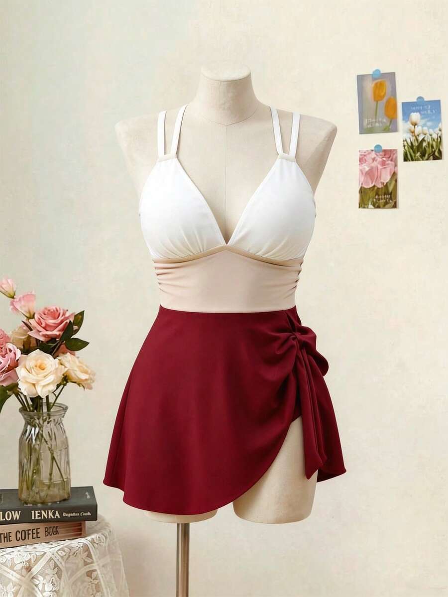 Swim Lushoire 大码女式三色拼接交叉绑带泳装连衣裙配泳裤两件套 - 彩色 - 查看 1