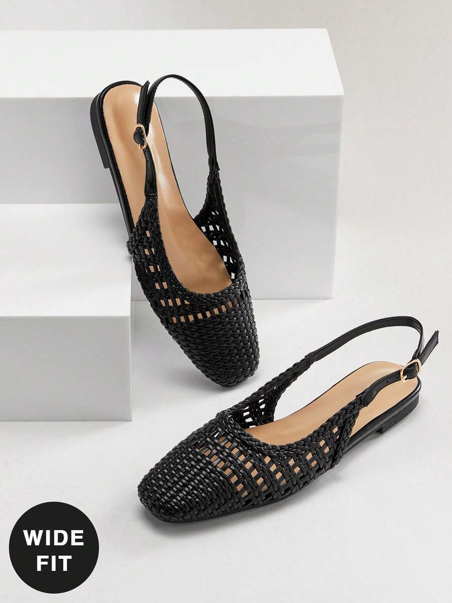 SHUZIA Ladies Wide-Fit Elegant Crochet Woven PU Slingback Mules - Black - View 1