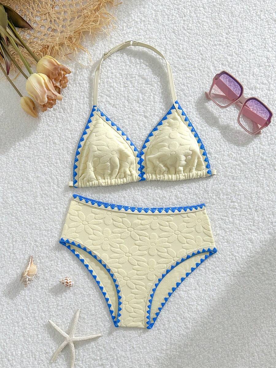 SHEIN Bộ bikini tam giác vải hoa dành cho bé gái tuổi teen, thích hợp cho kỳ nghỉ, bãi biển, ven biển. - Màu vàng - Xem 1