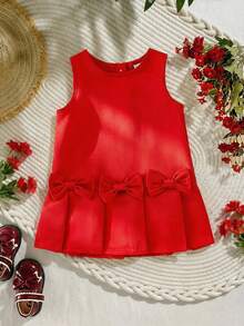 SHEIN Vintaside Kids 女婴红色无袖褶皱蝴蝶结纯色连衣裙，简约优雅夏季女婴时尚情人节公主裙，女婴服装，红色连衣裙，女婴套装，女婴连衣裙拍照服装 - 紅色 - 查看 3