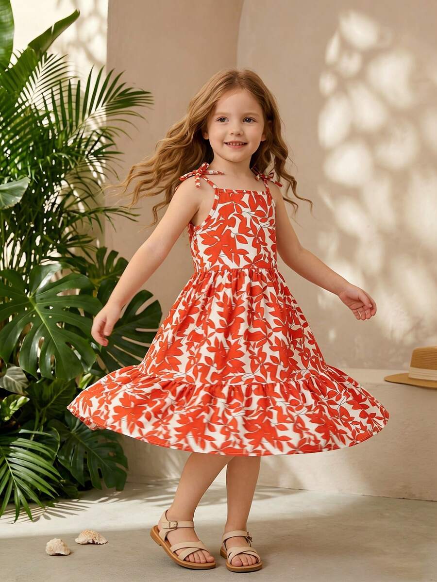 Young Girl Floral Print Vacation Beach Tie Strap Dress - White - View 1