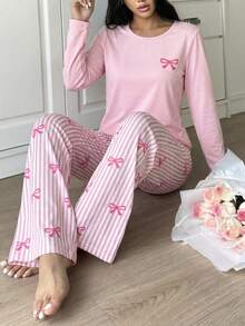 Set de 2 piezas de pijama casual y cómodo para niñas con top de cuello redondo de manga larga con decoración de moño y pantalones a rayas - Rosa coral - Ver 6