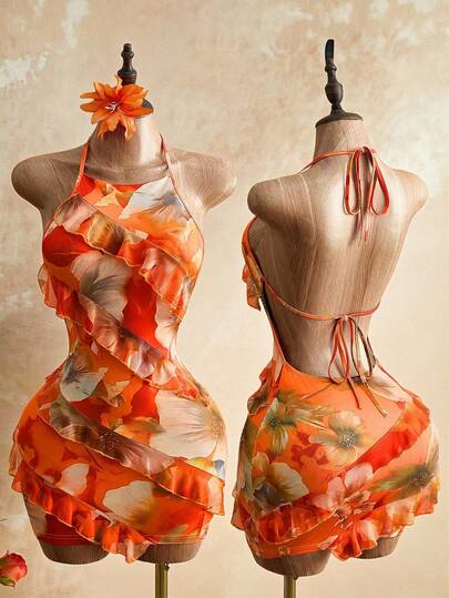 Mistrie 2026新款女士性感露肩印花连衣裙，荷叶边设计，Y2K复古风，甜美性感，度假风，年轻成人款，轻薄面料，修身剪裁，轻盈透气。适合海滩度假、音乐节、复活节和新学年穿着。