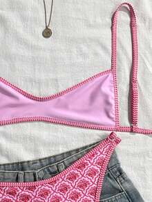 Swim Mod 2026 New Women's Summer Beach Vacation Cute Colorblock Reversible Geometric Print Low-Waist Triangle Bikini Set With Adjustable Spaghetti Straps - Pink - View 7