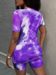 Slaydiva Plus Size Women's Tie-Dye Round Neck Short Sleeve Top And Shorts 2 Pieces Casual Set - Purple - View 2