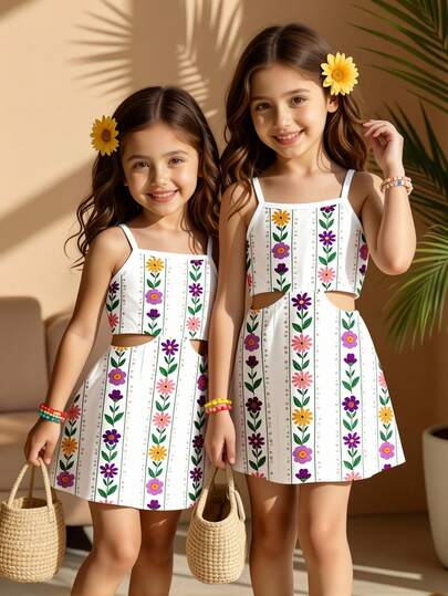 Vestido corto de verano y primavera para niña joven, de estilo casual y fashionable, con estampado floral colorido y fresco, de tejido suelto y cómodo para uso diario