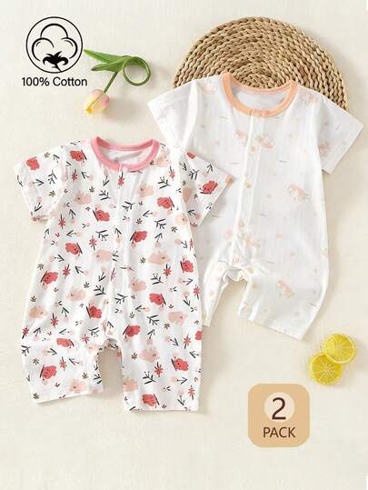 SHEIN Bộ 2 món áo liền quần và quần đùi cho bé gái sơ sinh, chất liệu 100% cotton mềm mại, thoải mái, họa tiết thỏ và hoa, thích hợp cho mùa xuân/hè, từ 0-1 tuổi.