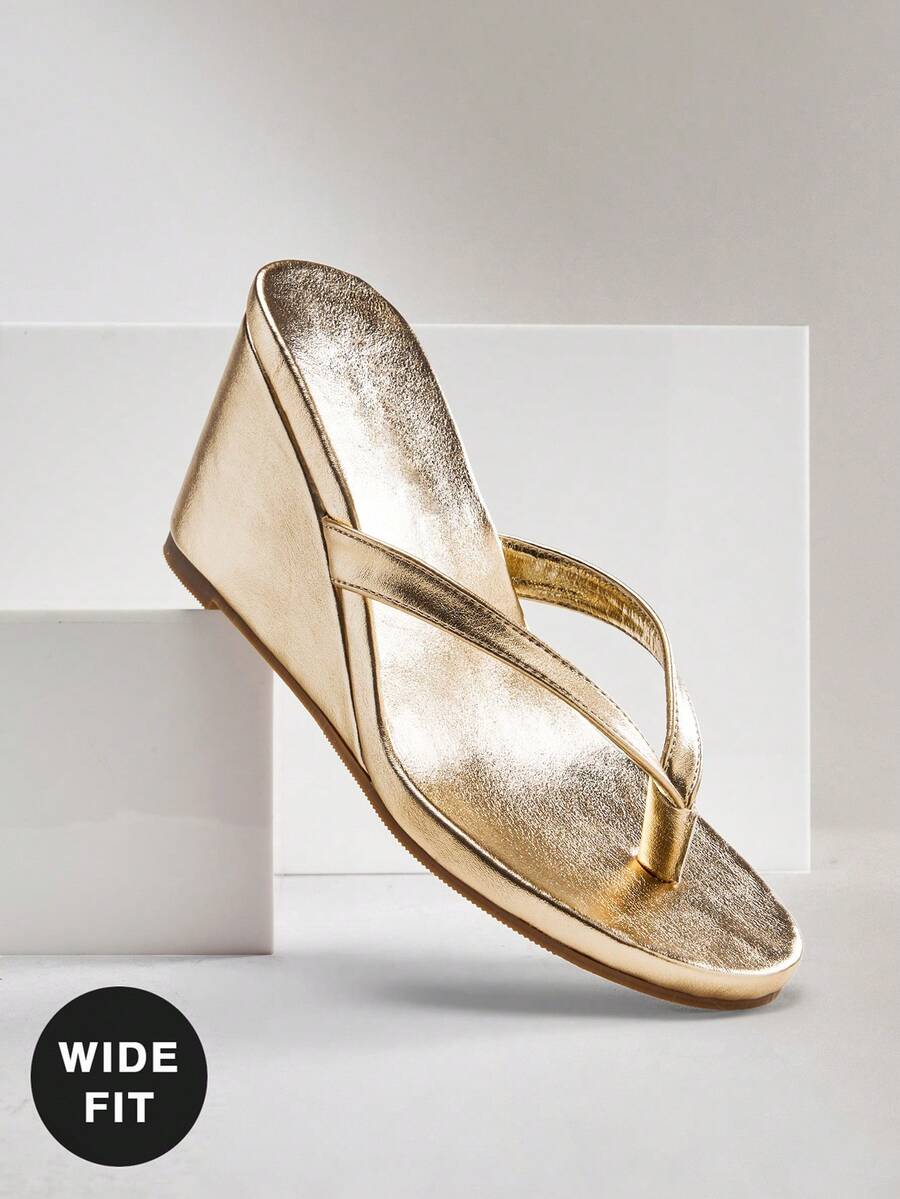 SHUZIA 女士宽楦舒适耐穿人字拖坡跟凉鞋 - 金色 - 查看 1